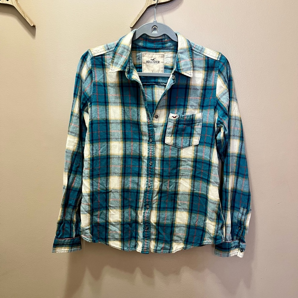 Hollister Blue Plaid Button Down Shirt Girls Size Large